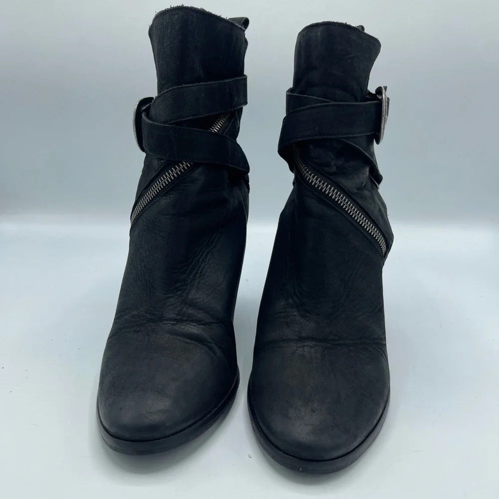 AllSaints TEJUS Ladies Black Leather Buckle Western Ankle